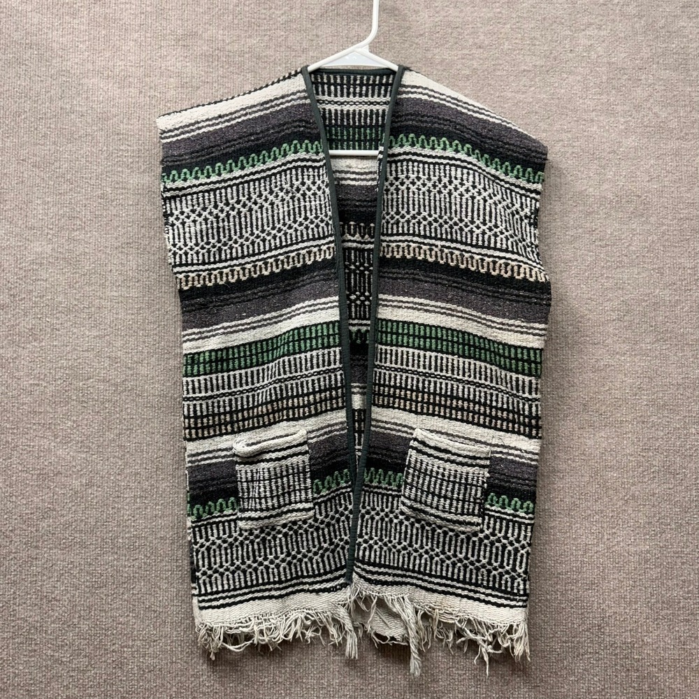 Vintage Handmade Mexican Falsa Blanket Vest Woven Boho Southwestern Fringe Green